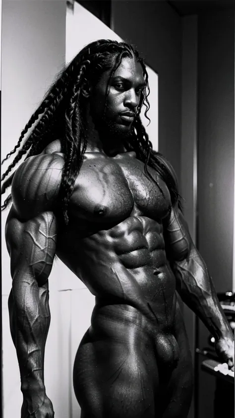 a giant tall handsome black man with big braided hair hairy body with lots of muscles super muscles beautiful body without a beard and a small white man by his side the small man loves the black man manga line art color 