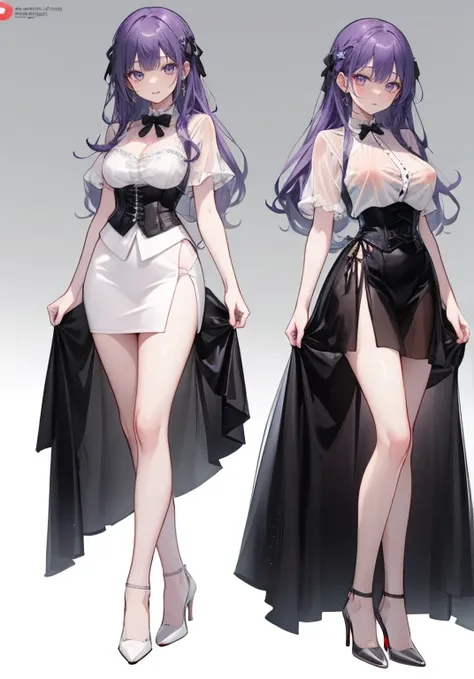 Purple hair,long hair,Adult female,(bartender),Black see-through top,Roll up your sleeves,(corset),(skirt),(High heels),((Simple white background)),smile,((whole body)),((full body)),Character Sheet,