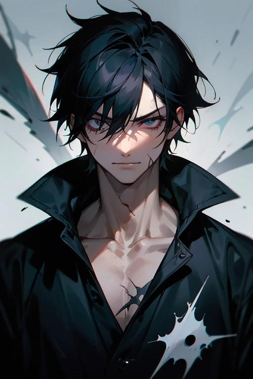 black hair boy, dark eyes, restless look, scar on the right eye