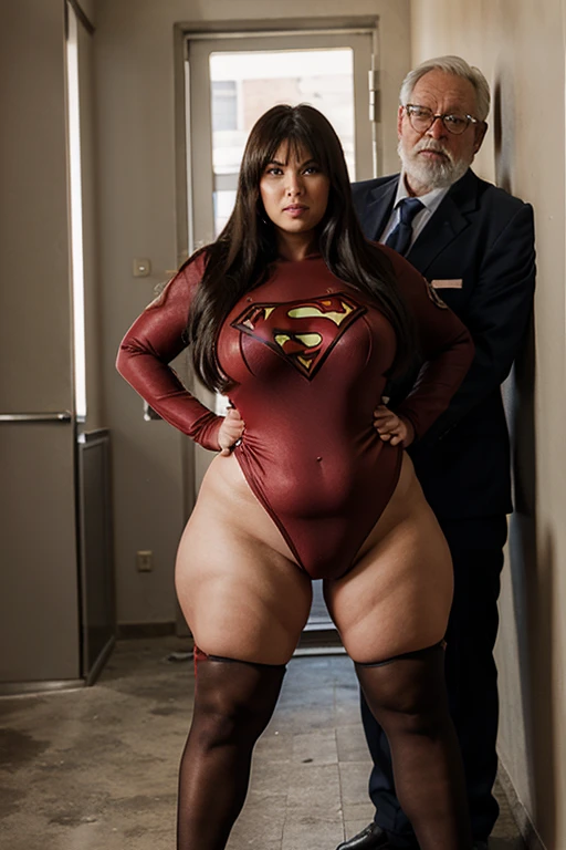 bbw superheroine is standing and trapped, next to an old man, full bodies, bbw