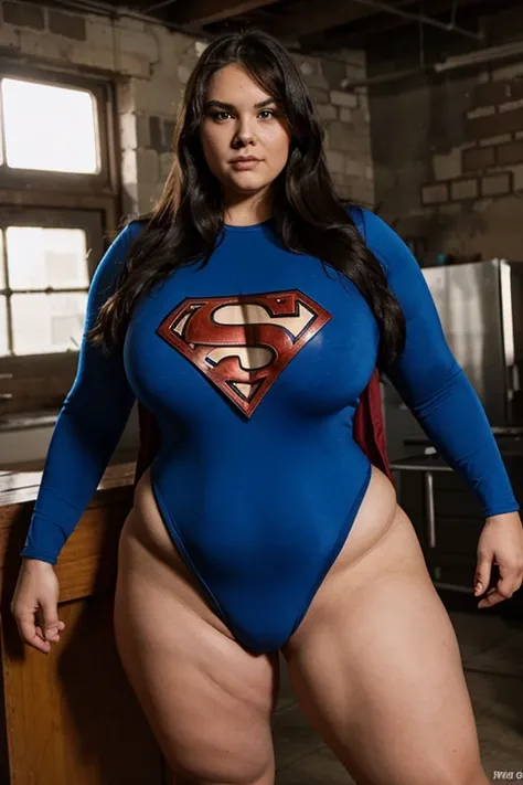 bbw superheroine is standing and trapped, next to an old man, full bodies, bbw