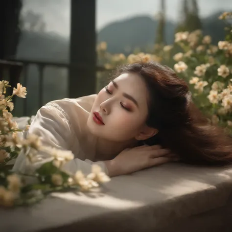 (best quality,4k,8k,highres,masterpiece:1.2),ultra-detailed,(realistic,photorealistic,photo-realistic:1.37),portrait,landscape,color palette,soft lighting,beautiful Chinese woman,lying down,body,flowers,serene,peaceful,gasping lifeless,women in luting,coff...