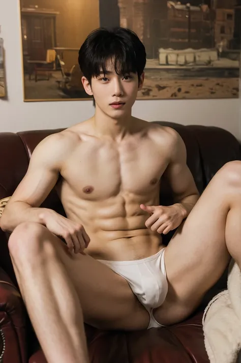 A sexy horny naked korean guy with a six pack, bangs, a bodybuilder body and long legs, white jockstrap, a cute and sexy face and a middle part looking horny, in the city, sofa, room,