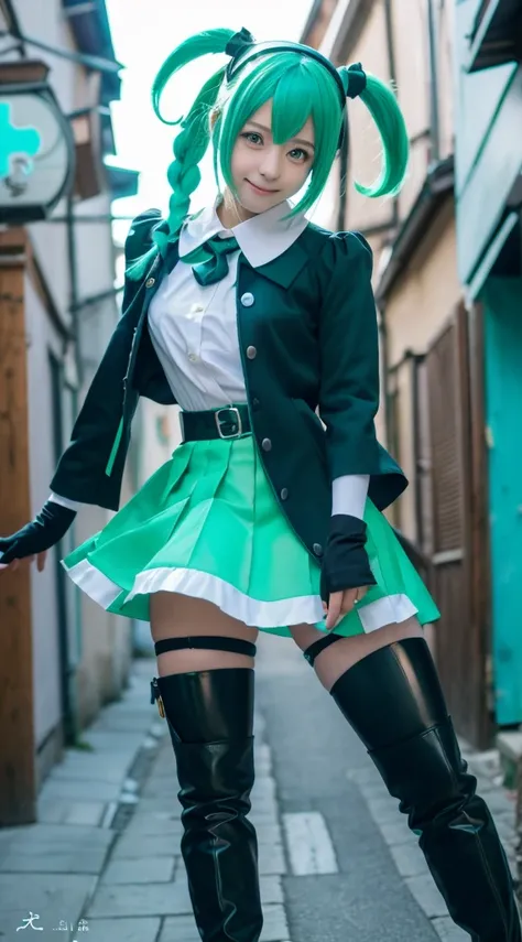 1 cute girl,  16 years old, (Detailed close-up photos), hatsune miku cosplay, (Wearing a Hatsune Miku costume), Green short skirt with black trim, Beautiful legs, (Long, tight black knee-high boots with green trim) , (Pose in a narrow street with buildings...