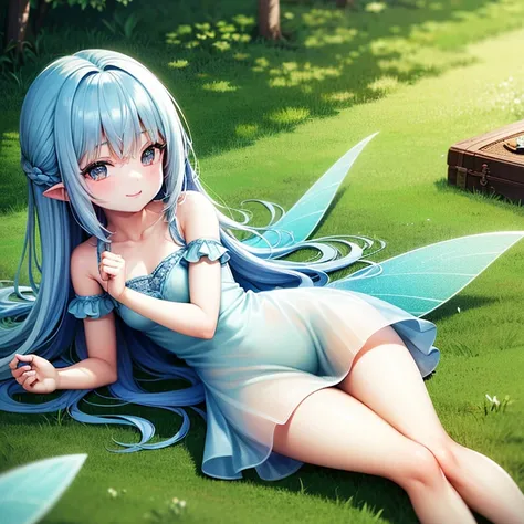 (best quality,highres),cute little fairy with transparent wings,mini dress,thick thighs,long light blue hair,lying on the grass,tenderly smiling,teasing,ultra-detailed,portraits,vivid colors,painting-like,soft lighting