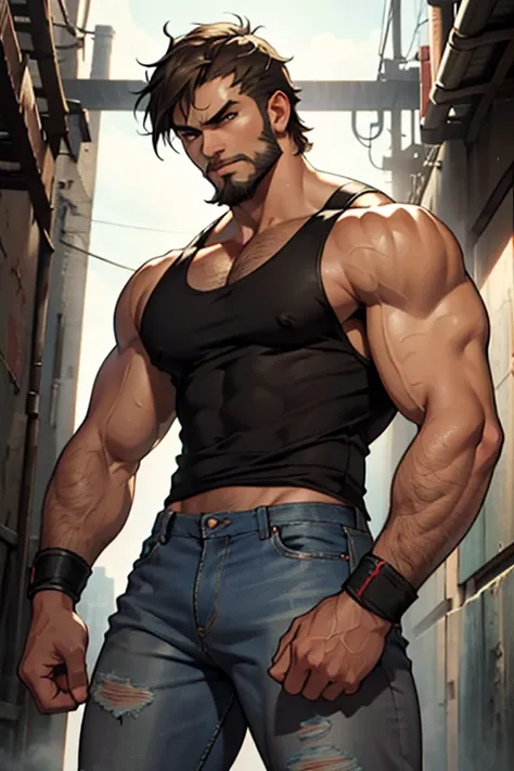 Tekken-style character, young man about 30 years old, physique of a fighter, young man with Latin American features, light brown eyes, short shoulder-length hair with long bangs, soft beard, in a gray tank top, tight jeans, fighting bands in his hands