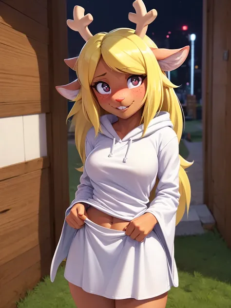 (noelle, furry female anthro, blonde hair, deer girl, red deer nose, white eyes, white pupils, white robe, hooded robe, big breasts, midriff), blushing, hands on hips, wide hips, green neon city, smiling