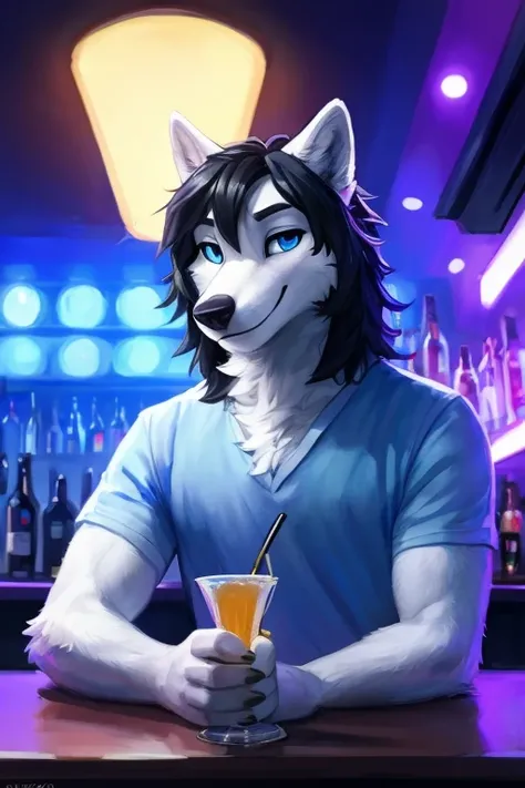 (((Atlas a white Wolf with blue eyes and nose and black hair indoors, inside a club bar mixing dranks, makeing dranks ))) , big chest wearing clothing , day, , sensual, detailed, uploaded to e621, beautiful and detailed portrait of an anthropomorphic , (((...