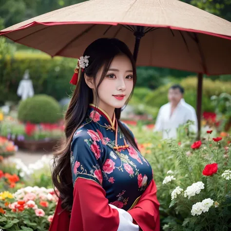 1 young woman aged 30 years, Beautiful, long, flowing hair, Face with heavy makeup, clearly enhance beauty, Big, bouncy breasts, Looking at the camera with sexy eyes, In a dark red, dark blue dress., Standing, walking, different actions, In a flower garden...