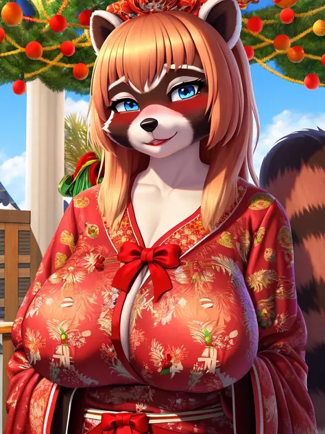 red-headed shy raccoon girl, blushing wearing a festive kimono at a Bon festival, blue eyes, breasts, smiling, big breasts, (skin texture:1.1), (high detail face:1.1), high detail body, high detail clothes,(masterpiece), (realistic), ultra high definition,...