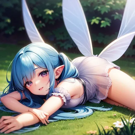 (best quality,highres),cute little innocent pure fairy with transparent wings,transparent mini dress,thick thighs,long light blue hair,lying on the grass,tenderly smiling,teasing,ultra-detailed,portraits,vivid colors,painting-like,soft lighting