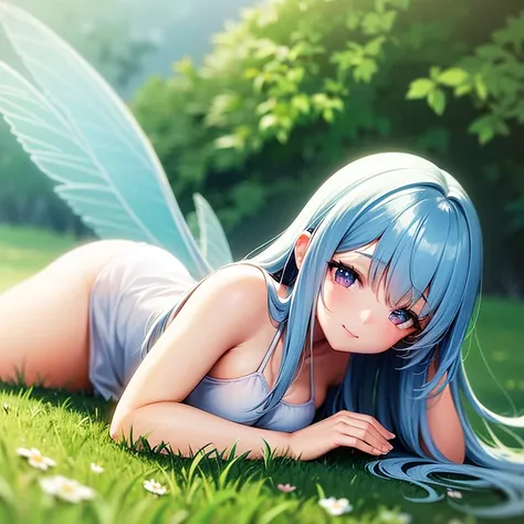 (best quality,highres),cute little innocent pure fairy with transparent wings,white mini dress,thick thighs,long light blue hair,lying on the grass,tenderly smiling,teasing,ultra-detailed,portraits,vivid colors,painting-like,soft lighting