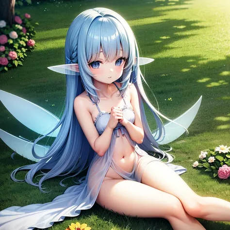 (best quality,highres),cute little innocent pure fairy with transparent wings,naked,sleepy,thick thighs,long light blue hair,lying on the grass,tenderly smiling,teasing,ultra-detailed,portraits,vivid colors,painting-like,soft lighting