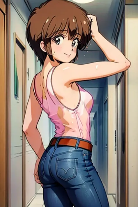 masterpiece, best quality, hiyama hikaru, wet see thru tank top, jeans, brown belt, arched back, looking at viewer, from below, ...