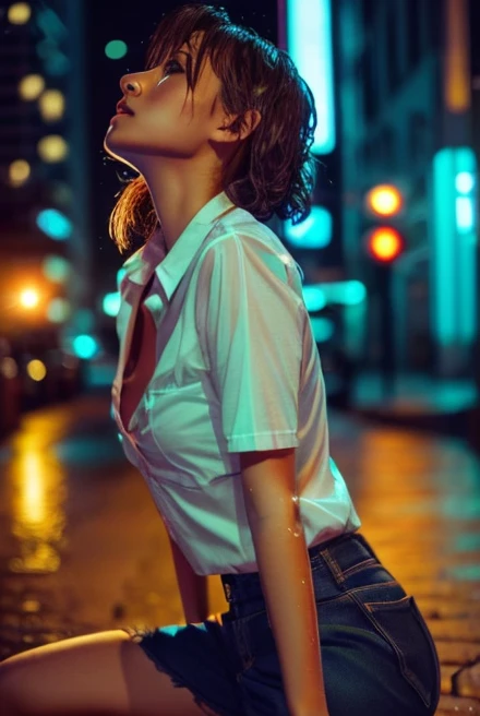 Mix 4, (8k, Raw photo, highest quality, masterpiece: 1.2), (Realistic, photoRealistic: 1.37), 1 girl, cute, Cityscape, night, rain, Wet, Professional Lighting, Photon Mapping, Radio City, Physically Based Rendering