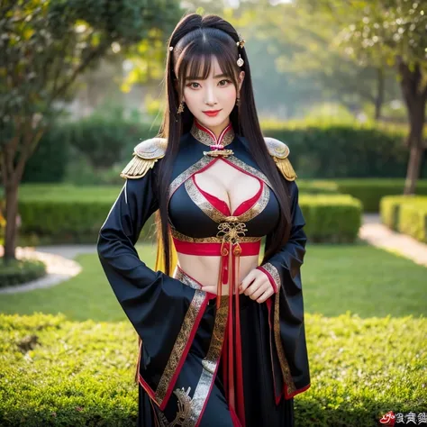 1 young woman aged 20 years, Full body, standing and walking beautifully, Long, flowing hair, Face with heavy makeup, clearly enhance beauty, Big, bouncy breasts, Looking at the camera with sexy eyes, In a dark black Chinese warrior outfit,dark red,dark bl...