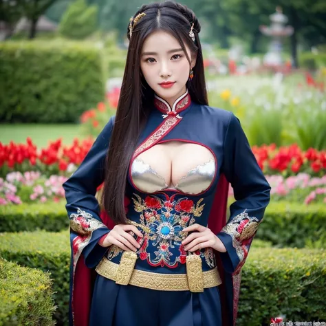 1 young woman aged 20 years, Full body, open legs, stand and walk beautifully., Long, flowing hair, Face with heavy makeup, clearly enhance beauty, Big, bouncy breasts, Looking at the camera with sexy eyes, ในชุดนักรบจีนdark blue สีฟ้าเข้ม,dark black,dark ...