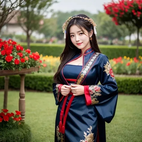 1 young woman aged 20 years, Full body, open legs, stand and walk beautifully., Long, flowing hair, Face with heavy makeup, clearly enhance beauty, Big, bouncy breasts, Looking at the camera with sexy eyes, ในชุดนักรบจีนdark blue สีฟ้าเข้ม,dark black,dark ...