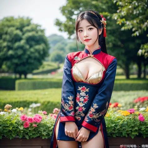 1 young woman aged 20 years, Full body, open legs, stand and walk beautifully., Long, flowing hair, Face with heavy makeup, clearly enhance beauty, Big, bouncy breasts, Looking at the camera with sexy eyes, ในชุดนักรบจีนdark blue สีฟ้าเข้ม,dark black,dark ...