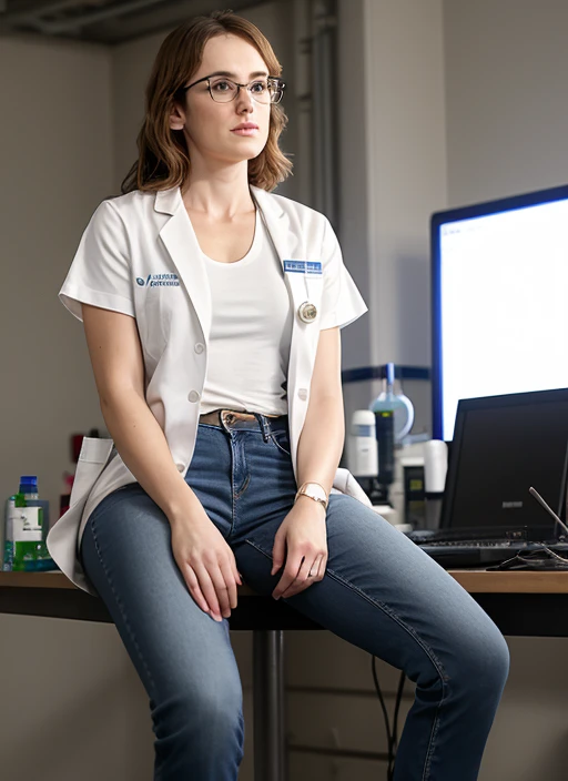 Solo, 1 woman, Elizabeth henstridge, full body, t-shirt, jeans, lab coat, high-tech laboratory, glasses, sitting 