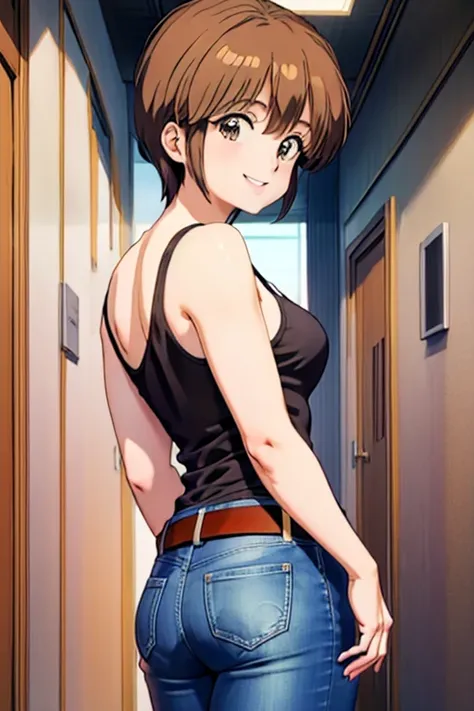 masterpiece, best quality, hiyama hikaru, black tank top, jeans, brown belt, arched back, looking at viewer, from below, looking...