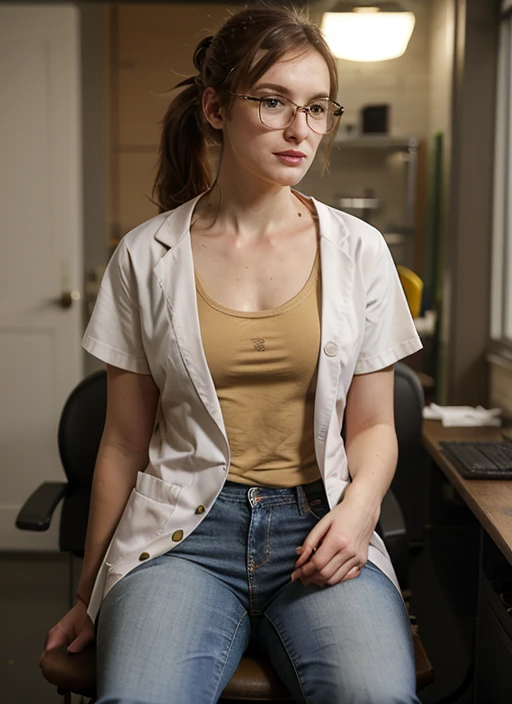 Solo, 1 woman, 30 years old, Elizabeth henstridge, full body, t-shirt, jeans, lab coat, high-tech laboratory, glasses, sitting, ponytail hair, small breasts,  