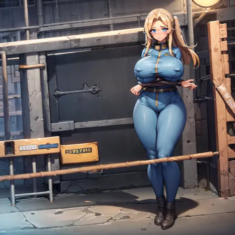 Vault-girl, vault 111 jumpsuit, 1girl, bursting breasts, breast expansion, large breasts, crossed arms, vibrant blue eyes, blushing, long blonde hair,