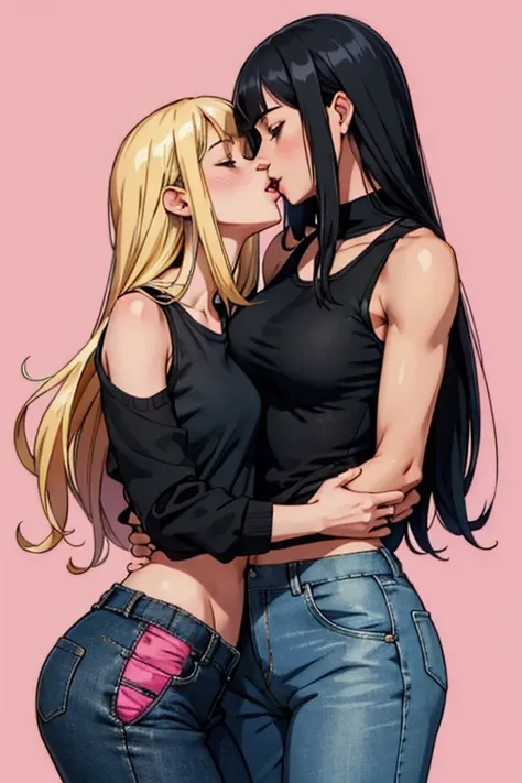 A long hair blonde girl wearing pink tank top and blue pants kissing with tongue a girl with black hair with bangs wearing black sweatshirt and black pants, 2 girls