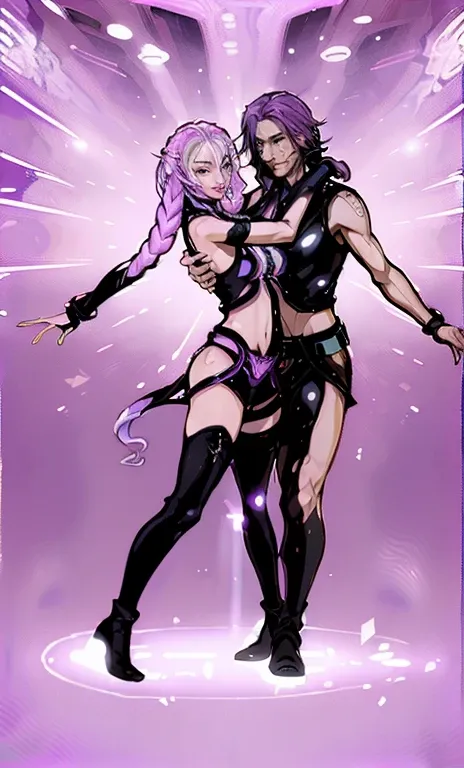 a (((couple in a gliding dance pose))) where the man and woman are surrounded by (((shimmering luminous purple crystals))), inte...