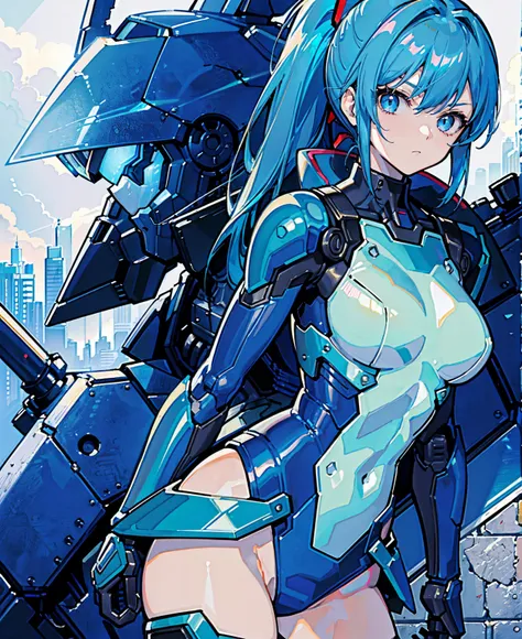 Blue Hair、Masterpiece、Best Quality、1 girl、Medium breast、((Album cover))、Light on Face、Slim Body、Blue Costume、Exoskeleton、metal Gear、Cyberpunk Style、ponytail、The Gundam pilot、attention arousal，Ride a fighter