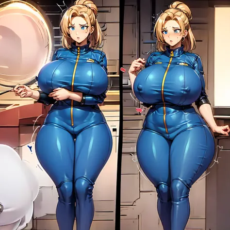 Vault-girl, vault 111 jumpsuit, 1girl, bursting breasts, breast expansion, massive heavy breasts, crossed arms, vibrant blue eyes, blushing, long blonde hair, hips expansion, ass expansion, weight gain, shes stress eating, shes worried about how large her ...