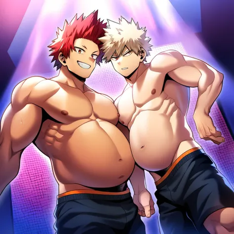 2boys, full body, male focus, muscular male, best quality, amazing quality, best aesthetic, absurdres, night club, gay couple, official style, year 2023, game cg, looking at viewer, happy, looking at each others bellies, together on picture, yaoi, gay coup...