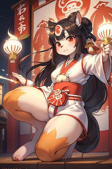 (Mucha style:1.2) , poster design ,  (1 hairy inari girl and 1 Tall Muscle ogres couple:1.1) , Short stature , realistic hairy fur , Straight black Long Hair , Round face, swollen cheeks,round eyes , neat hair ties , Japanese Shrine Maiden Clothing , (dyna...