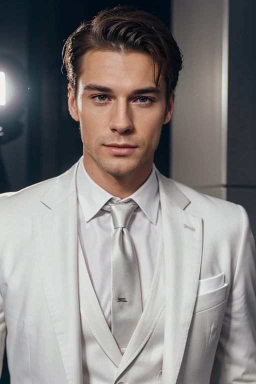 Create a highly realistic image of a very handsome white man, wearing an elegant suit. He should look like a pop star or a famous actor, in a high-quality photographic style. The image should be in A4 format and feature sophisticated lighting that highligh...