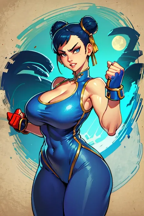 Waifu, Chun-Li, masterpiece, curvy, breasts, moon, full moon, gloves, 1girl, clenched teeth, bulma, cleavage, large breasts, teeth, aqua hair, red gloves, tank top, blue eyes, rating:explicit,rule34, hardcore, ,,clenched hands, punching, night, sky, jumpsu...