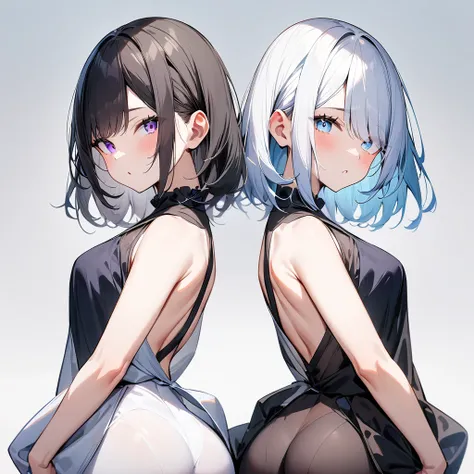 {{2girls}},masterpiece,best quality,very aesthetic,absurdres,cowboy shot,light color,dark color,light hair,dark hair,White hair,light  blue hair,light  blue eyes,Lovely,translucent hair,dark purple eyes,headless,(black hair,one eyes),back to back,asymmetry...