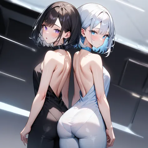 {{2girls}},masterpiece,best quality,very aesthetic,absurdres,cowboy shot,light color,dark color,light hair,dark hair,White hair,light  blue hair,light  blue eyes,Lovely,translucent hair,dark purple eyes,headless,(black hair,one eyes),back to back,asymmetry...