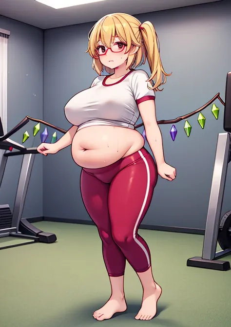 (masterpiece, best quality, highly detailed), 1girls, big belly, huge belly, art by kipteitei, round belly, chubby, curvy, belly grab, enormous belly, fat belly, thicc, bigger belly, really big belly, jiggly belly, glasses, gym clothes, barefoot, sweaty, (...