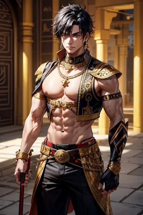 Muslim warrior, man in his 20s, short messy black hair, silver decorations, black eyes, black and red Muslim warrior clothing, dark gold vest with silver Arab print, gold belt, dark gold pants, pendant with gold Arab symbol with green. Quartz gems, gold ri...