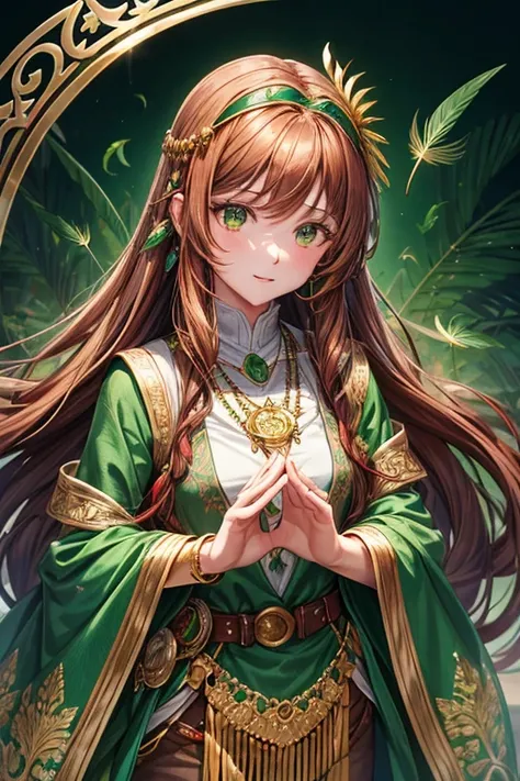 Sultana, 18 year old girl, long messy reddish brown hair with sun decorations, green eyes, green Arabic clothing, dark green vest with green rose prints with feathers, silver belt, dark green pants, hummingbird feather pendant with symbol Arab with emerald...