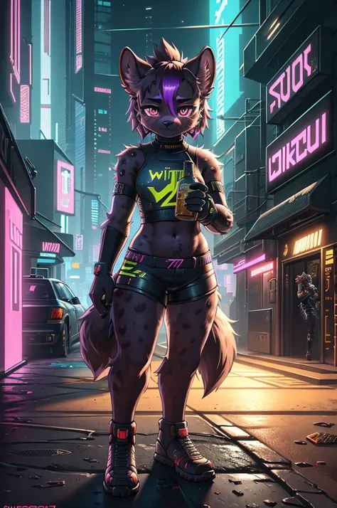 (cyberpunk2070 style:1.2) , 1 hairy hyena girl , (Short stature) , realistic hairy fur , Round face, swollen cheeks,round eyes , hot pants , in the night club , Sacred offerin  , drinking whiskey