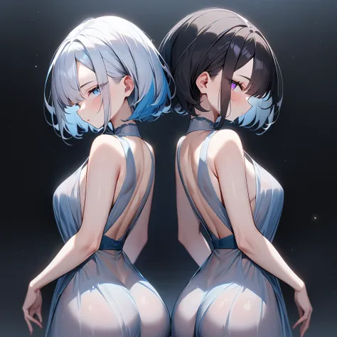 {{2girls}},back to back,masterpiece,best quality,very aesthetic,absurdres,cowboy shot,light color,dark color,light hair,dark hair,White hair,light  blue hair,light  blue eyes,Lovely,translucent hair,dark purple eyes,headless,(black hair,one eyes),asymmetry...