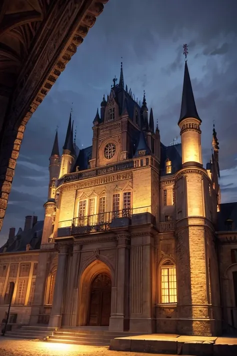 French medieval castle in the middle of a dark baroque city