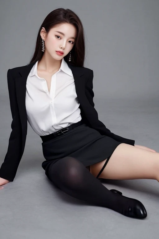 Korean Beauty、Black suit、Black tight skirt、Beautiful feet、High heels