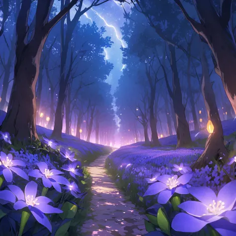 Path through a forest filled with lavenderfields and lightningbugs at night