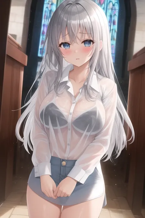 (masterpiece:1.2), (highest quality:1.2) , One girl , Big Breasts, church,  Cowboy Shot, Are standing, Rainy,
(Muscular:0.8),  Crystal Gradient Eye, sunlight, ,From above,Kneel, in a sheer see through wet White shirt,
(Silver Hair:1.25), Gray Hair, Sharp f...