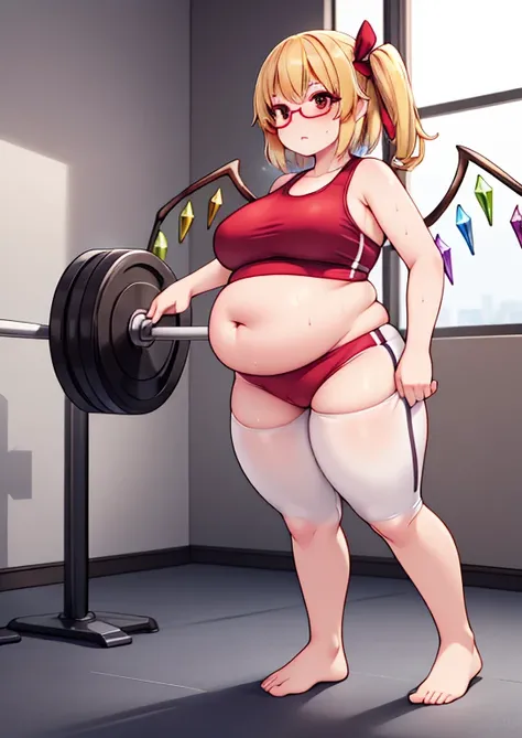 (masterpiece, best quality, highly detailed), 1girls, big belly, huge belly, art by kipteitei, round belly, chubby, curvy, belly grab, enormous belly, fat belly, thicc, bigger belly, really big belly, jiggly belly, glasses, gym clothes, barefoot, sweaty, (...