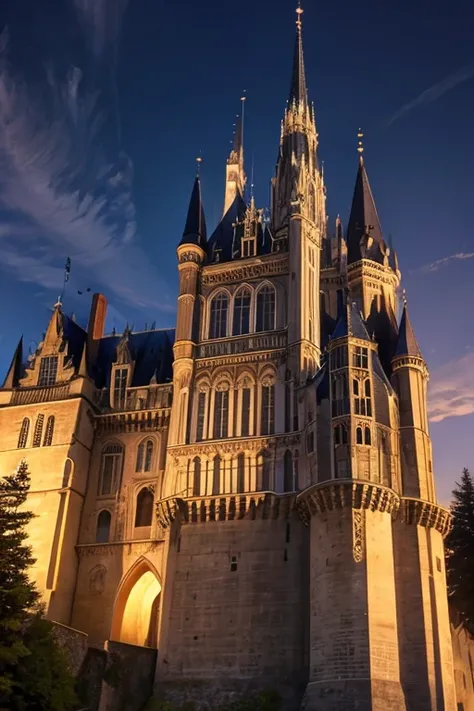 French medieval castle in the middle of a dark baroque city