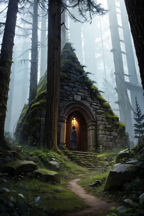 dark forest with medieval ruins with toten bear