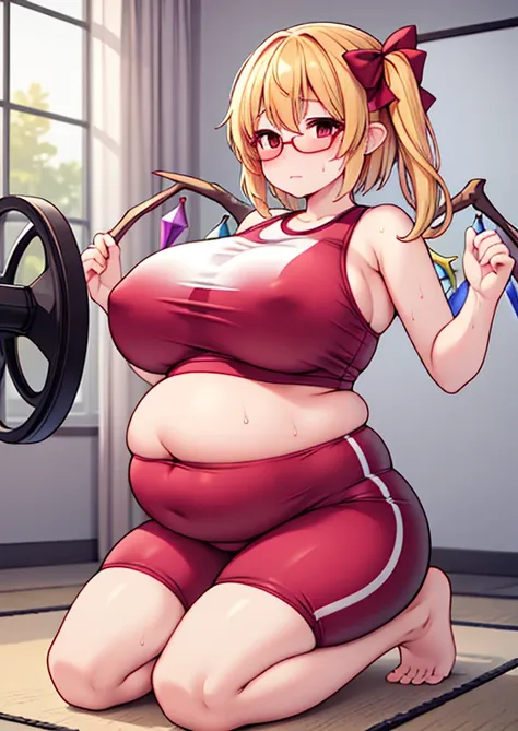 (masterpiece, best quality, highly detailed), 1girls, big belly, huge belly, art by kipteitei, round belly, chubby, curvy, belly grab, enormous belly, fat belly, thicc, bigger belly, really big belly, jiggly belly, glasses, gym clothes, barefoot, sweaty, (...